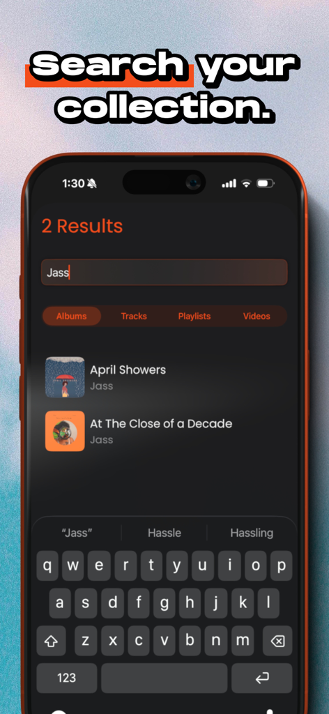 MP3 Player - Tape Eater - A screenshot of the Tape Eater app showing the search your collection feature with results for an artist