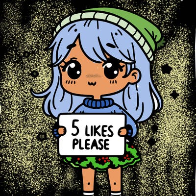 girl wearing  a sweater  and cute skirt  and holding a sign that says 5 likes please