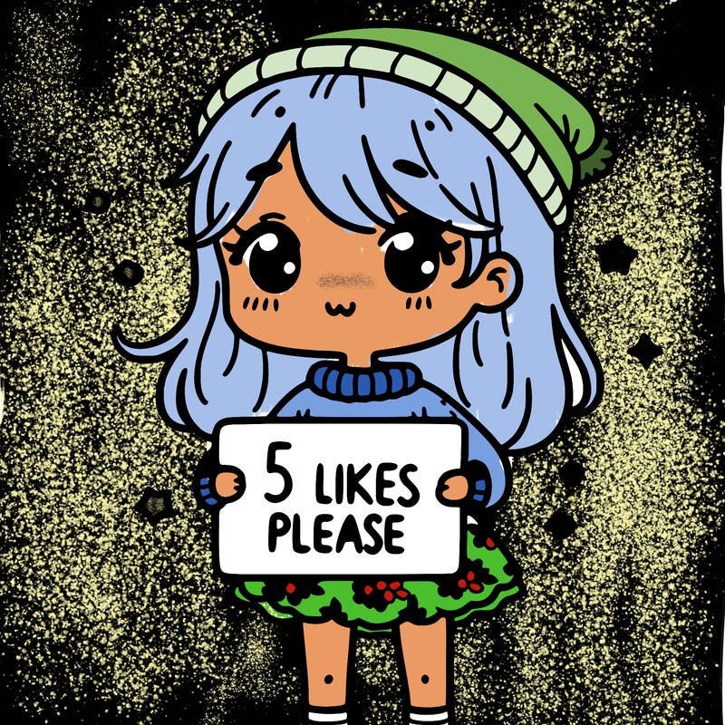 girl wearing  a sweater  and cute skirt  and holding a sign that says 5 likes please