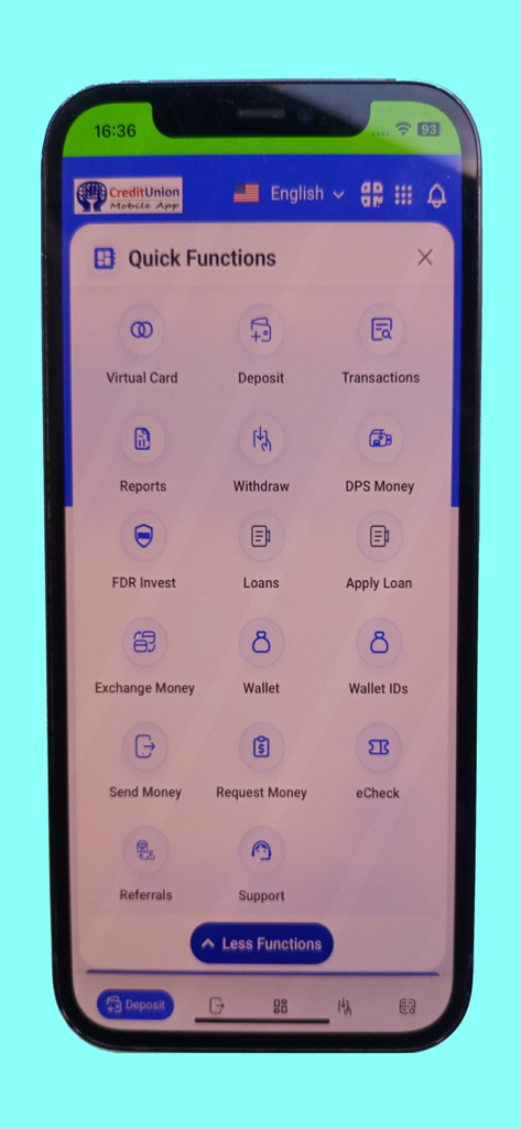 Credit Union Mobile App - A smartphone displaying the Quick Functions menu of the Credit Union Mobile App with icons for virtual cards, money transfers, and digital checks.