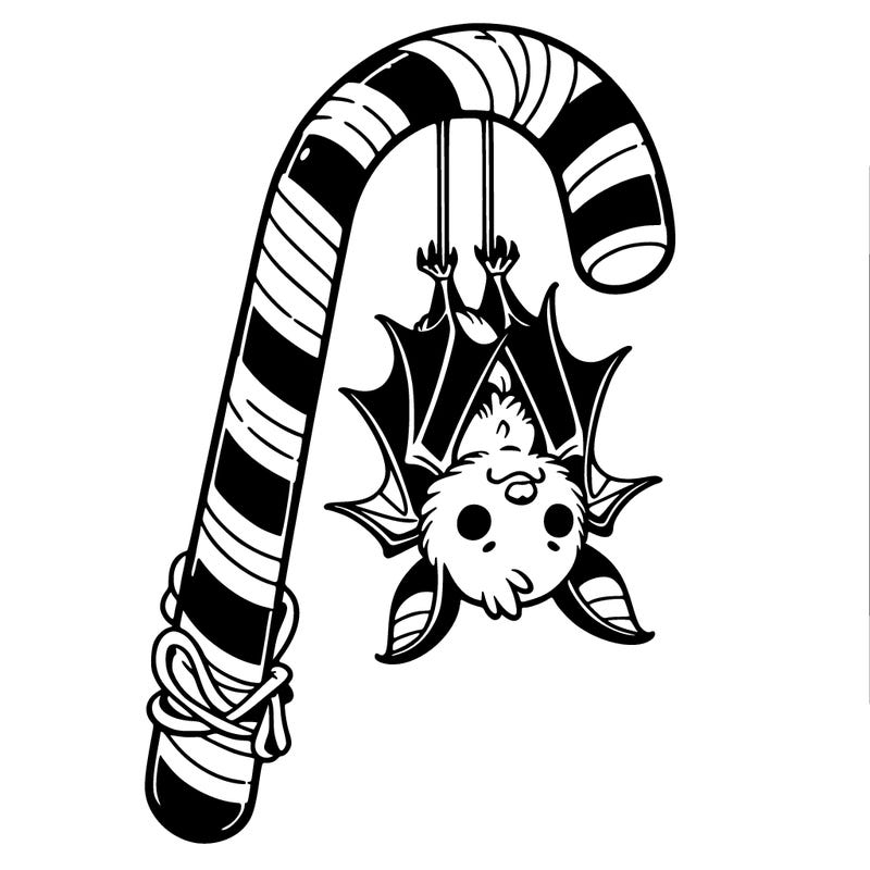 a bat hanging upside down on a candy cane