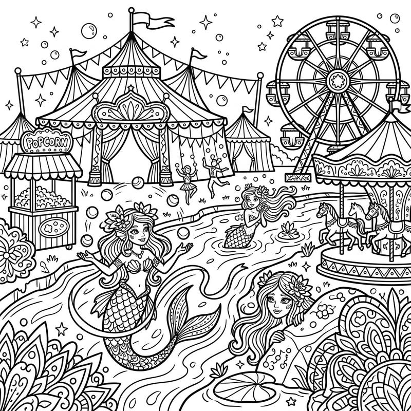 Experience the unique blend of underwater fantasy and vibrant fairground excitement with this enchanting coloring page. Join playful river mermaids as they explore a bustling carnival, complete with iconic rides and delicious treats.