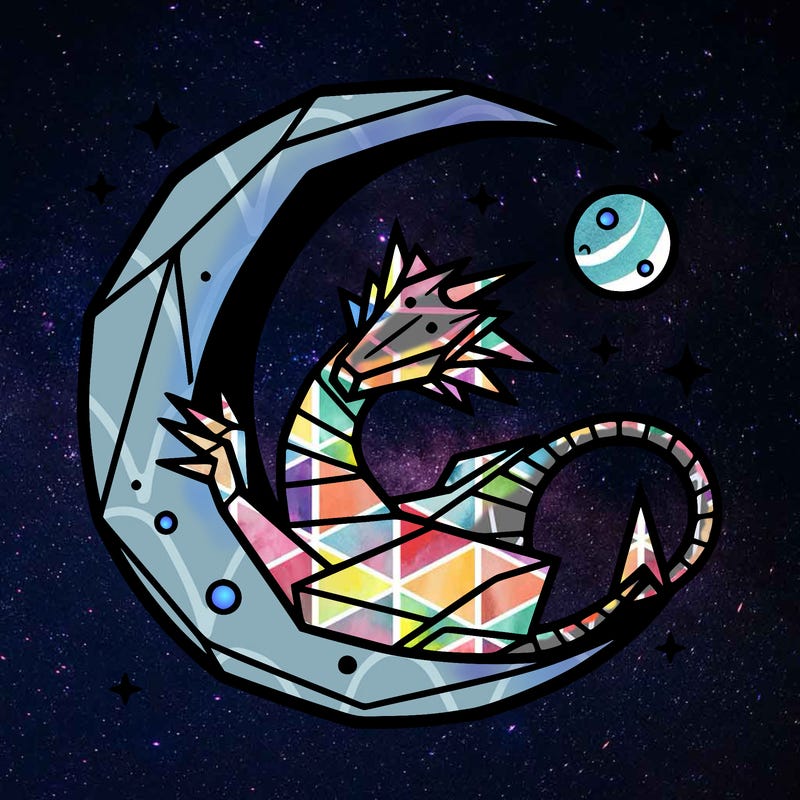 origami dragon curled up around the moon