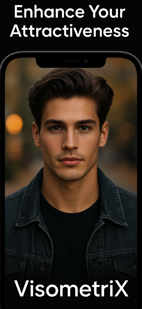 VisometriX: AI Grooming Coach - Pantalla de introducción de la aplicación de aseo IA VisometriX mostrando a un hombre bien arreglado con texto para mejorar el atractivo