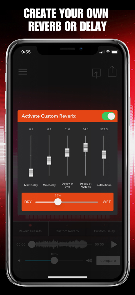 AudioMaster: Audio Editor - Mobile screen of AudioMaster app showing custom reverb and delay settings with adjustable sliders