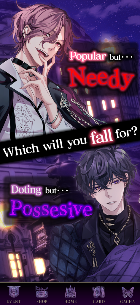 Two handsome anime characters with personality descriptions in the Ikemen Villains otome game.