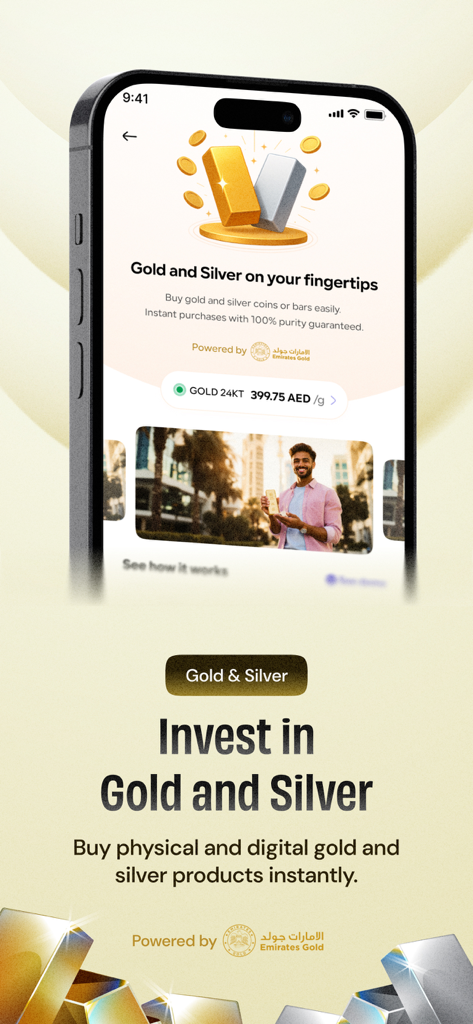 Sav app screen showing gold and silver investment features with a man holding a gold bar