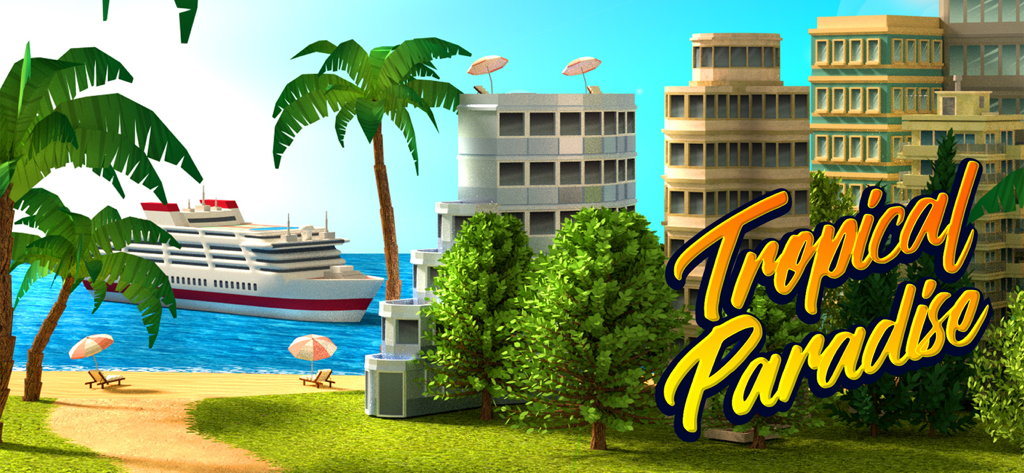 Tropical island resort with modern buildings and a cruise ship on a sunny beach