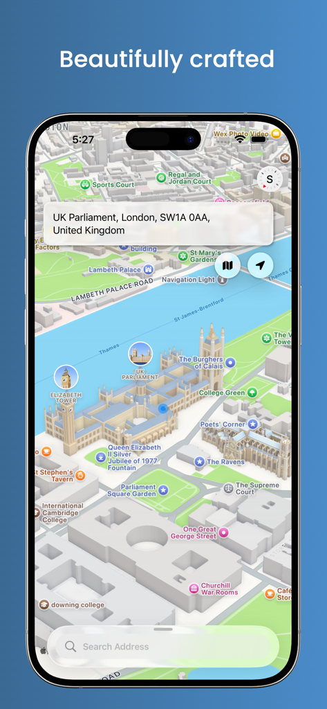 Address Finder - Address Finder App-Oberfläche mit einer 3D-Karte und der genauen Adresse des britischen Parlaments