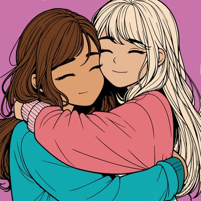 realistic two girls hugging