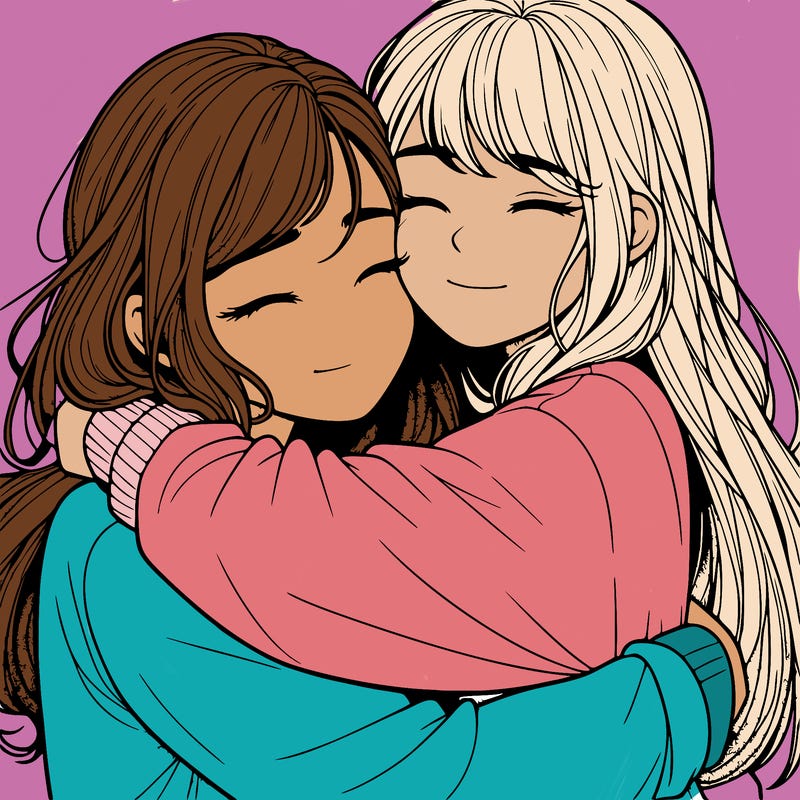 realistic two girls hugging