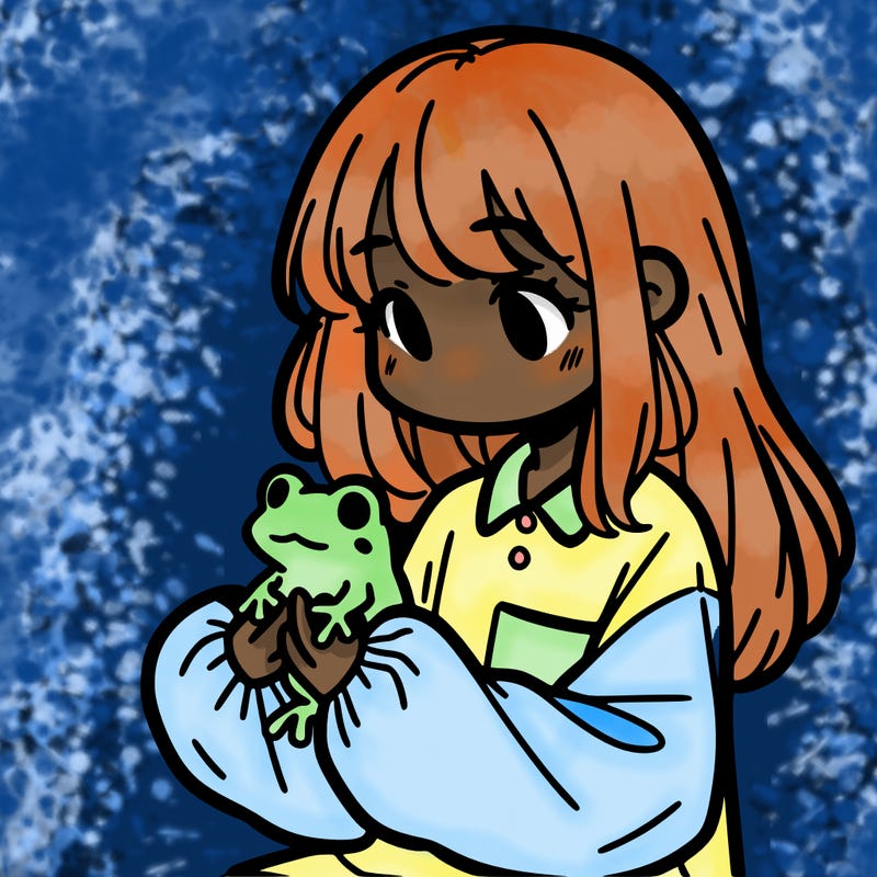girl with long hair and a oversized shirt. and she is holding a frog