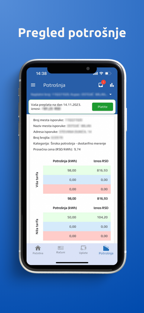 Um smartphone exibindo a tela de visão geral do consumo do aplicativo EPS Uvid u racun com detalhes de uso de eletricidade e opções de pagamento.