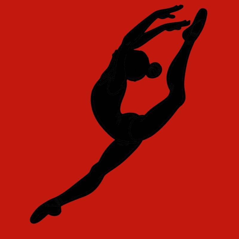 gymnast doing a leap in a leotard with a bent back leg