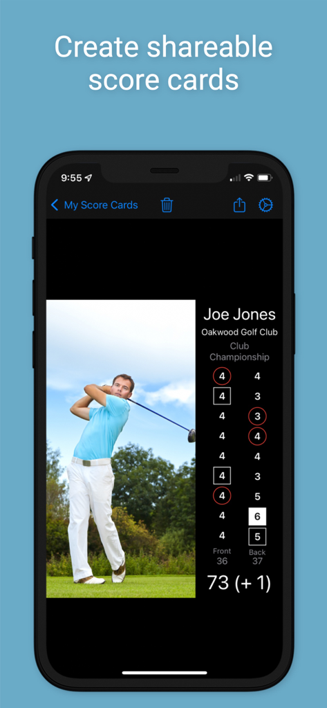 Back Nine - A mobile app screenshot showing a customized golf scorecard with a player photo and round results