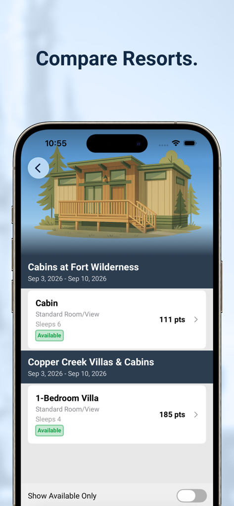 DVC Toolkit app screen comparing Disney Vacation Club resort availability and point costs for planning a stay
