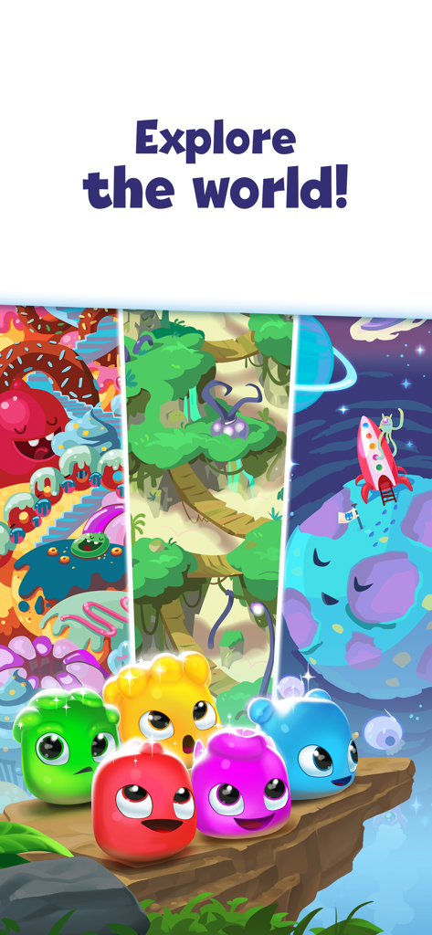 Colorful Jelly characters showcasing different themed game worlds like candy jungle and space