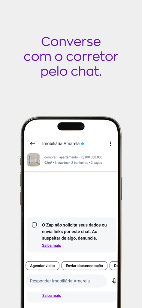 ZAP Imóveis | Compra e Aluguel - Interface do aplicativo móvel ZAP Imoveis mostrando a interface de chat para contatar um corretor de imóveis