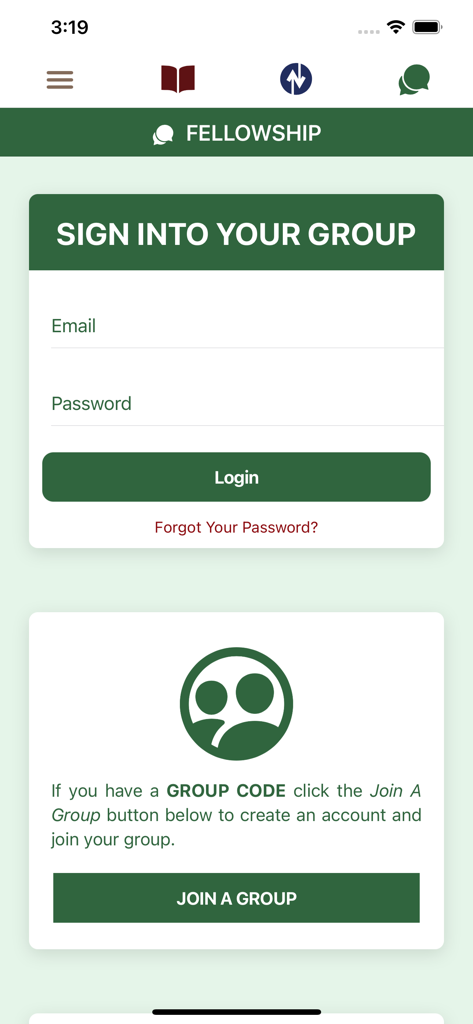 Bible Study Together - Pantalla de inicio de sesión y unión a grupo para la función de compañerismo de la aplicación Estudio Bíblico Juntos.