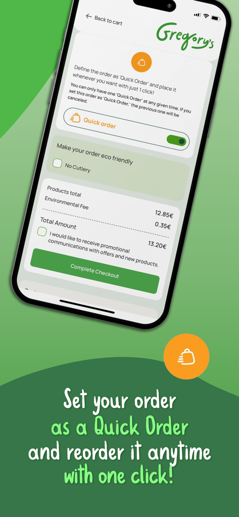 Gregory’s eorder - Gregory's eorder app checkout screen showing the quick order feature and complete checkout button
