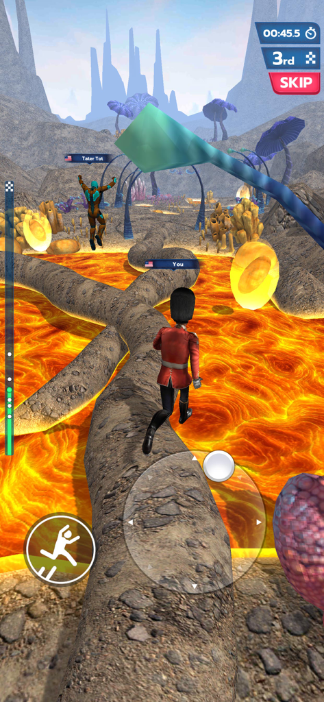 Run Royale: Multiplayer Race - Um personagem correndo sobre um poço de lava no jogo mobile multiplayer Run Royale