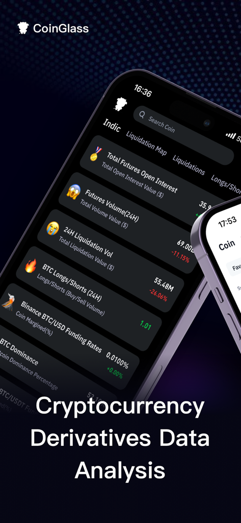 CoinGlass - Bitcoin & Crypto - Dashboard view of the CoinGlass app showing cryptocurrency derivatives analysis including futures open interest and liquidation volume.