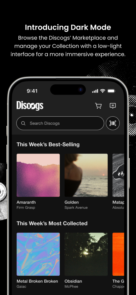 Discogs - The Discogs mobile app interface showcasing the dark mode feature with music album collections