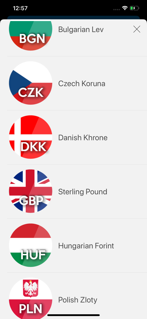 Screenshot of Currency Converter Premium showing a list of international currencies with their respective flags and currency codes.