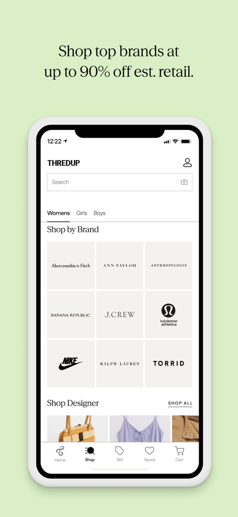 ThredUp: Online Thrift Store - NikeとLululemonのロゴが表示されたブランド別購入セクションと最大90%オフの割引見出しを表示するThredUpアプリのインターフェース