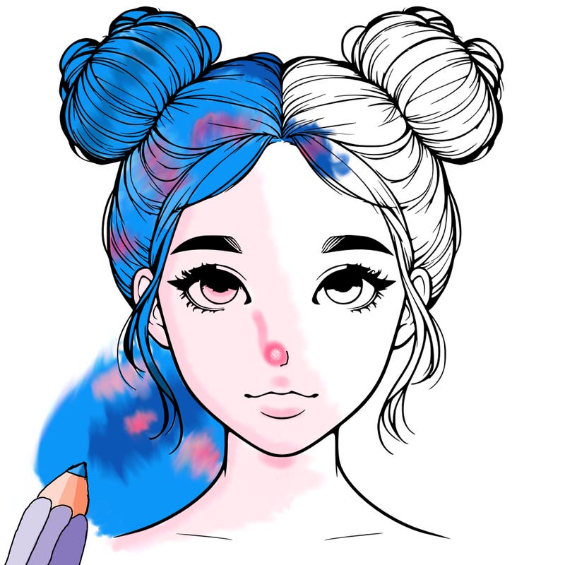 realistic girl with two buns on top of her head