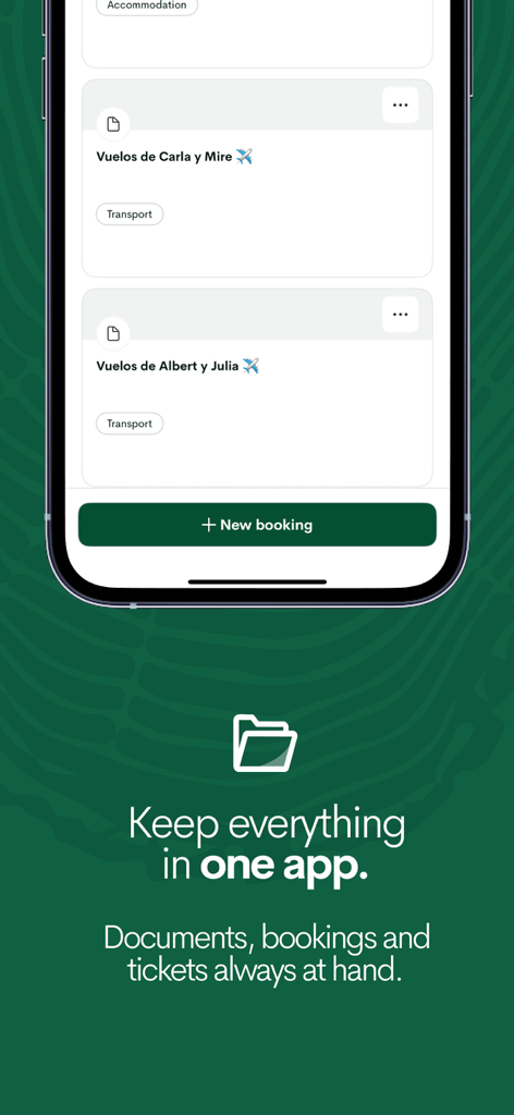 Passporter | Plan and Travel - A mobile phone screen showing organized flight bookings and travel documents within the Passporter app on a green background.