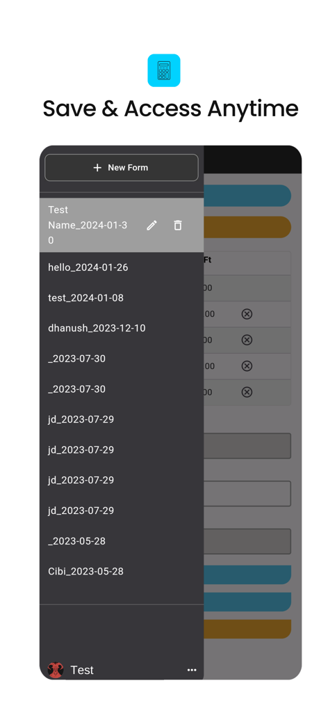 Slab Estimate - A list of saved stone slab measurement records and project forms in the Slab Estimate app