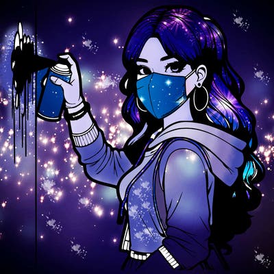 realistic girl with mask spray painting a wall