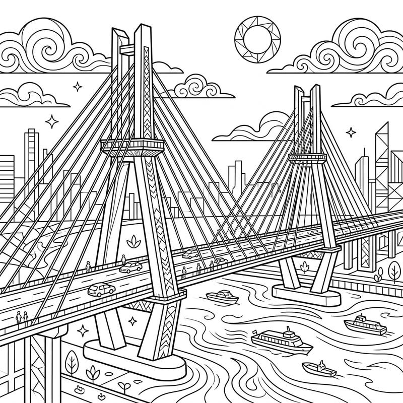 Immerse yourself in the impressive world of modern architecture with this intricate cable-stayed bridge coloring page. This detailed line art invites adults and teens to explore their creativity and relax as they bring a vibrant cityscape to life.