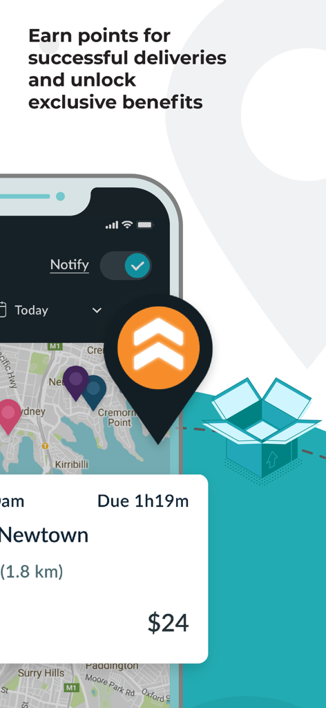 Sherpa Driver app interface showing a delivery job offer and rewards program information.