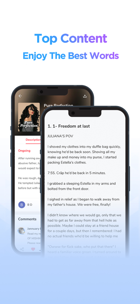 Smartphone-Bildschirme, die ein Story-Kapitel und Buchdetails in der NovelToon-App anzeigen