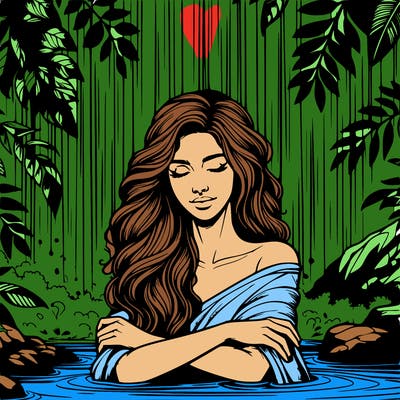 realistic female model under waterfall