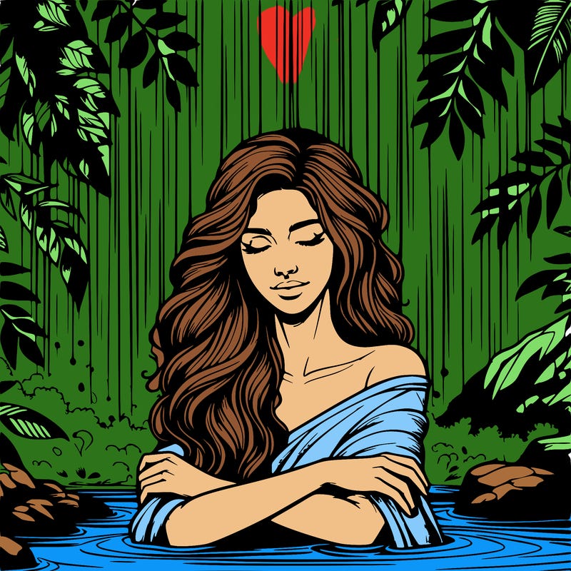 realistic female model under waterfall