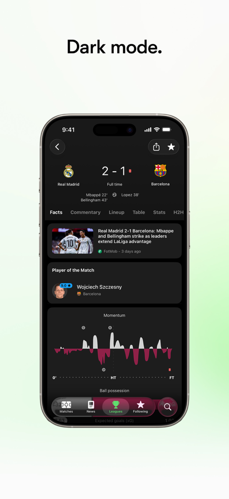 Screenshot of the FotMob soccer app in dark mode showing match scores and statistics