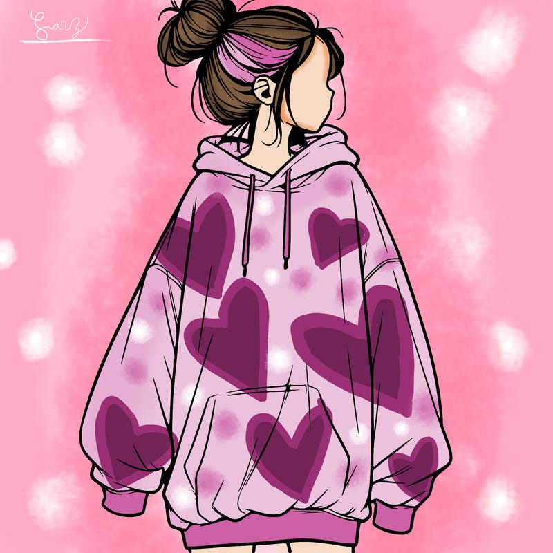 realistic girl with a oversized sweatshirt on and a bun