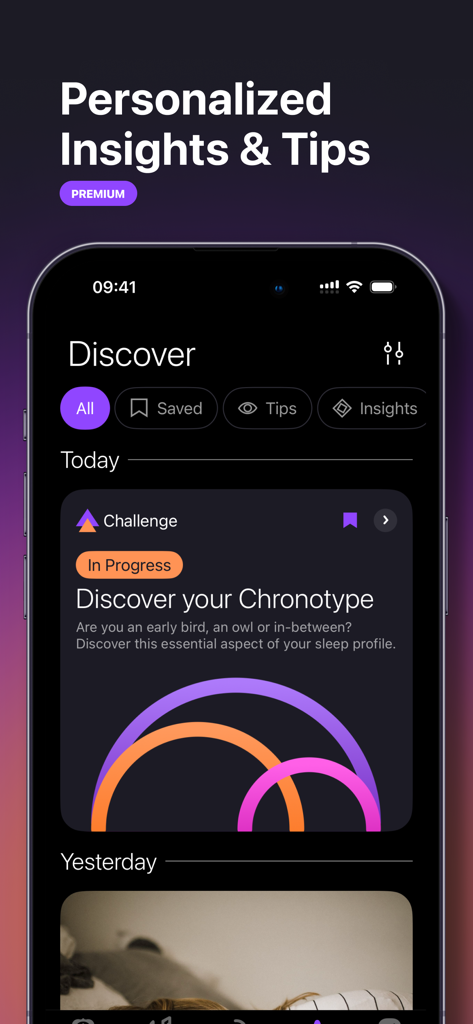 Interface of Pillow Sleep Tracker app showing personalized sleep insights and a chronotype discovery challenge.