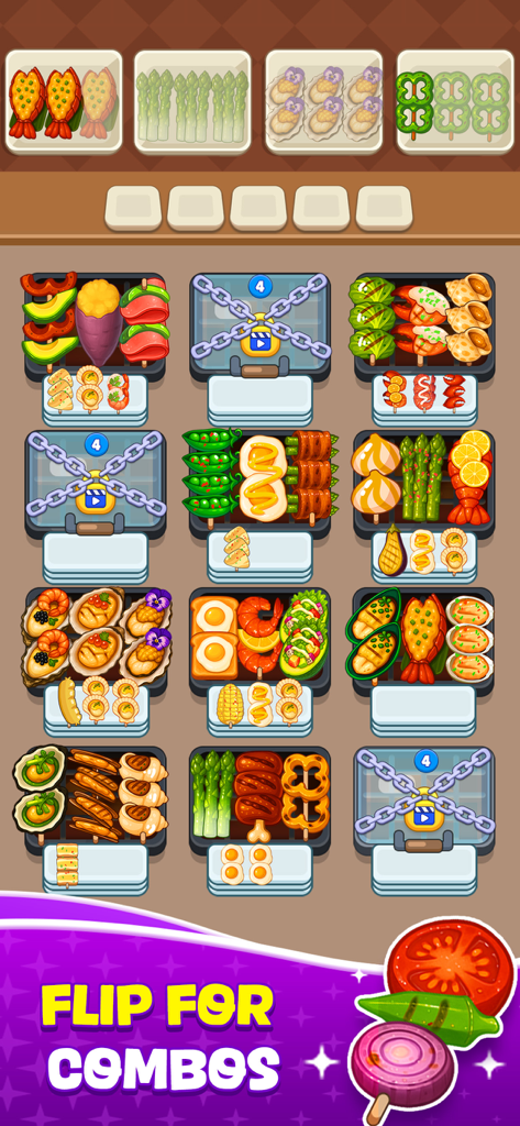 Skewer Jam: Food Games - A vibrant mobile puzzle game interface showing food items like shrimp and asparagus on grills ready for sorting