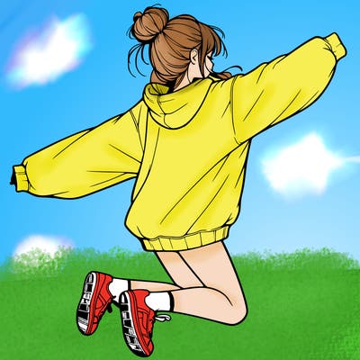 realistic girl jumping with a bun and oversized sweatshirt