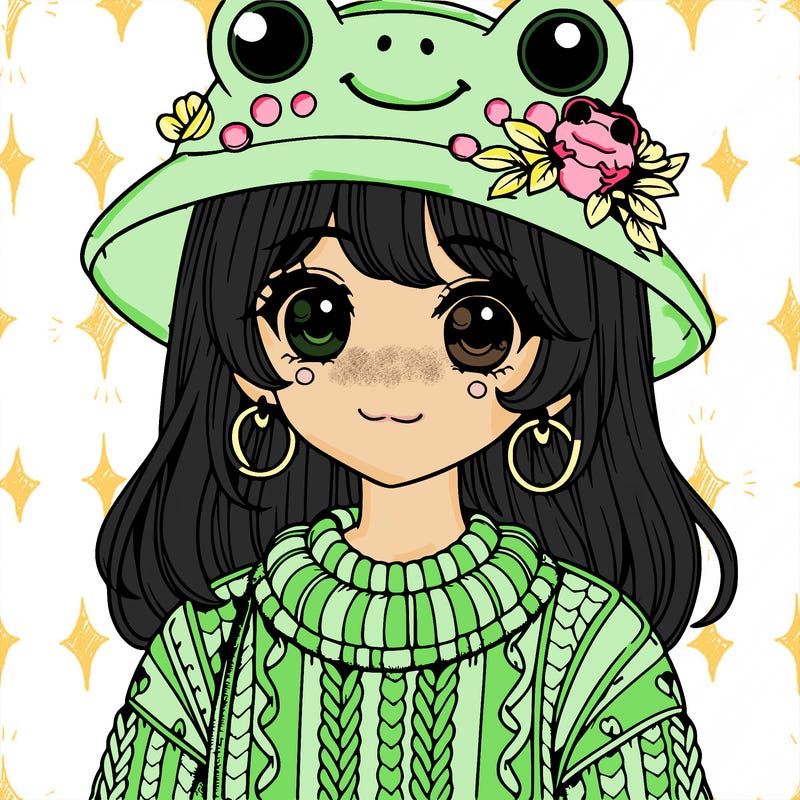 realistic girl wearing frog sweater and a frog hat with frog earrings