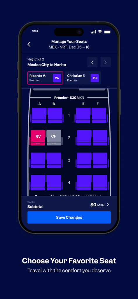 Aeroméxico - Aeromexico mobile app interface showing a seat selection map for an international flight.