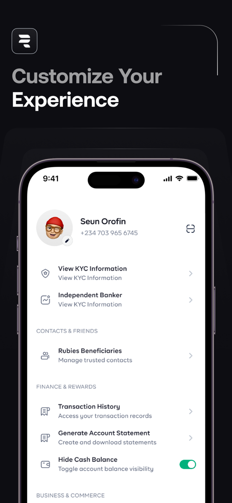Rubies mobile app user profile and account customization screen