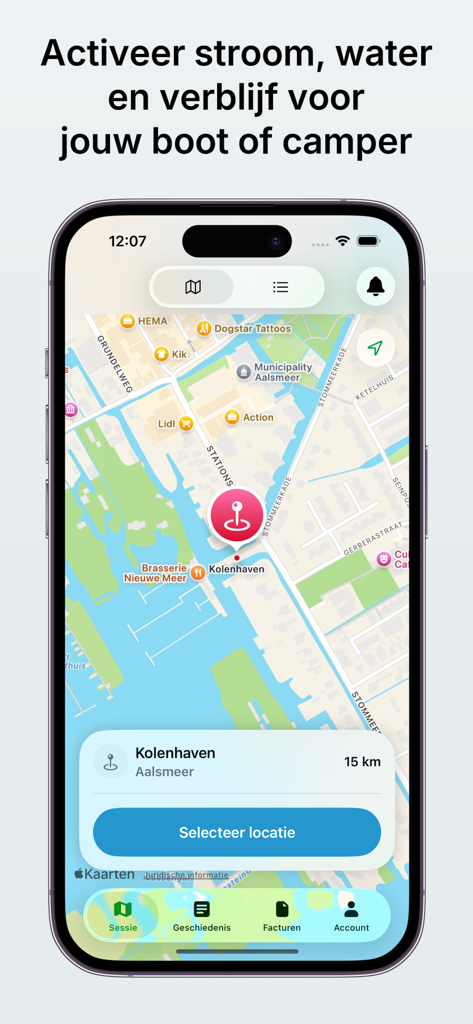 Ease2pay AanUit mobile app map showing boat and camper services location in Aalsmeer