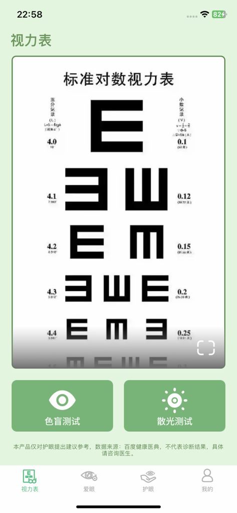 Interface do aplicativo Eye Protector com um gráfico padrão de teste de acuidade visual logarítmica com símbolos E