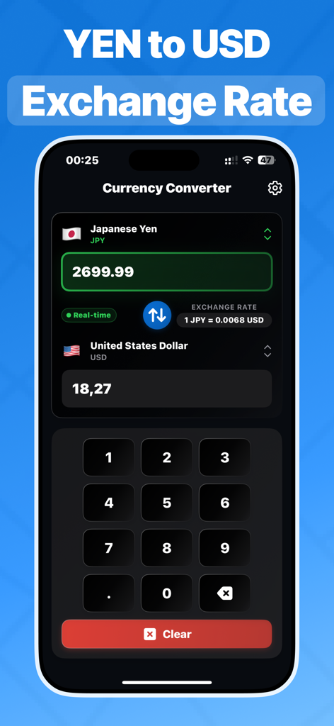Pesos to Dollars Conversion US - Screenshot of the Pesos to Dollars Conversion US app showing Japanese Yen to US Dollar exchange rate