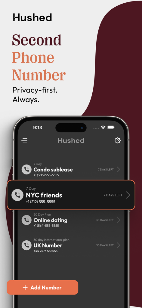 Hushed app interface displaying multiple temporary phone numbers for dating, subleasing, and privacy